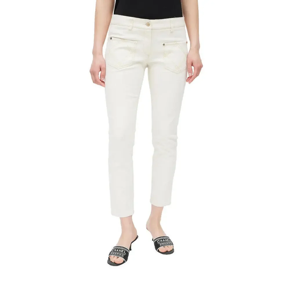 Vintage 07P CHANEL FR-36 Slim Leg Cream Cotton Jeans Pants 2007
